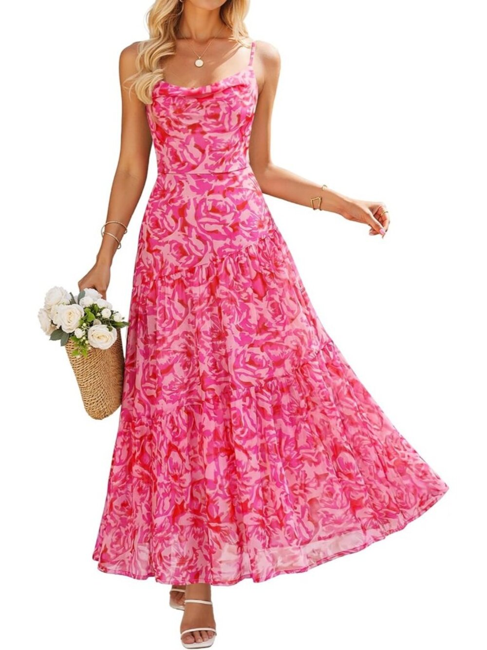 Women's Rose Boho Floral Sleeveless Maxi Mesh Strap Flowy Beach Dress